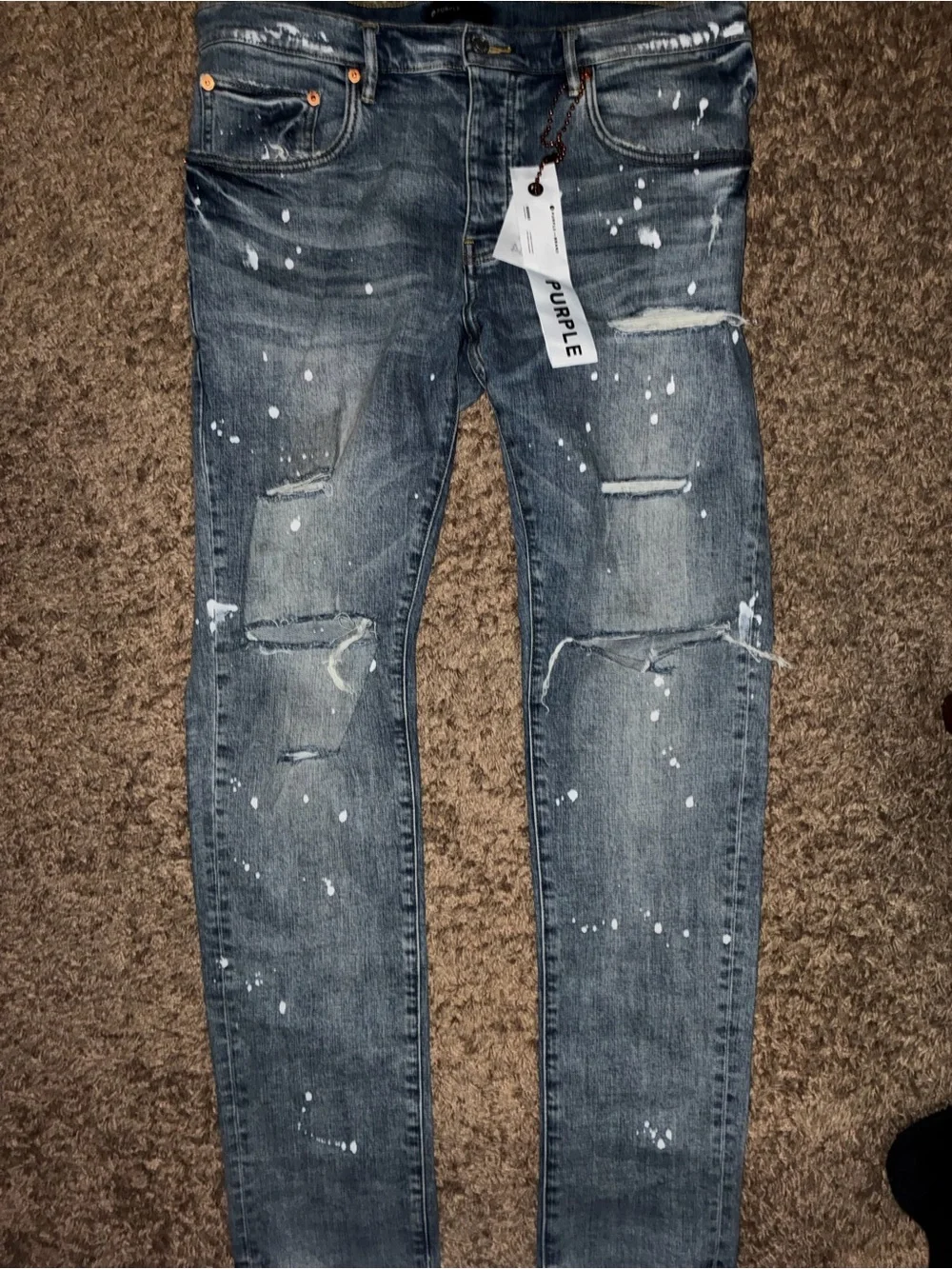 Purple Men's Skinny Distressed Blue Paint-Splatter Jeans